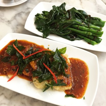 Deep Fried Fish Topped with Spicy Sauce and Hong Kong Collard Greens with Oyster Sauce